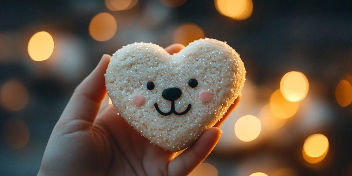 A heart-shaped cookie with a cute bear face, sparkling with sugar, held in a hand. Sweet Cute Pick Up Lines That Always Win Hearts – Heart-Shaped Cookie with a Bear Face.