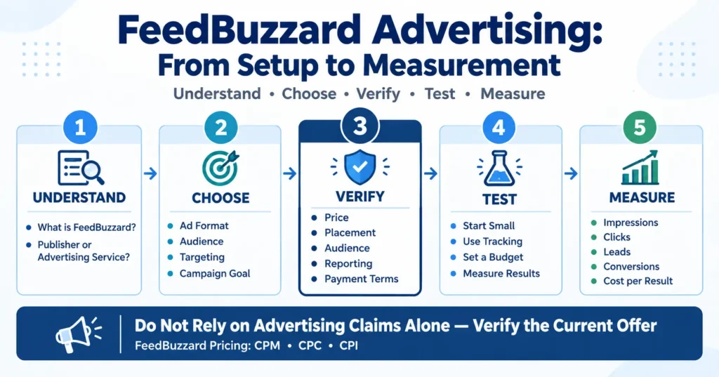 FeedBuzzard advertising process from campaign setup and verification to testing and measurement