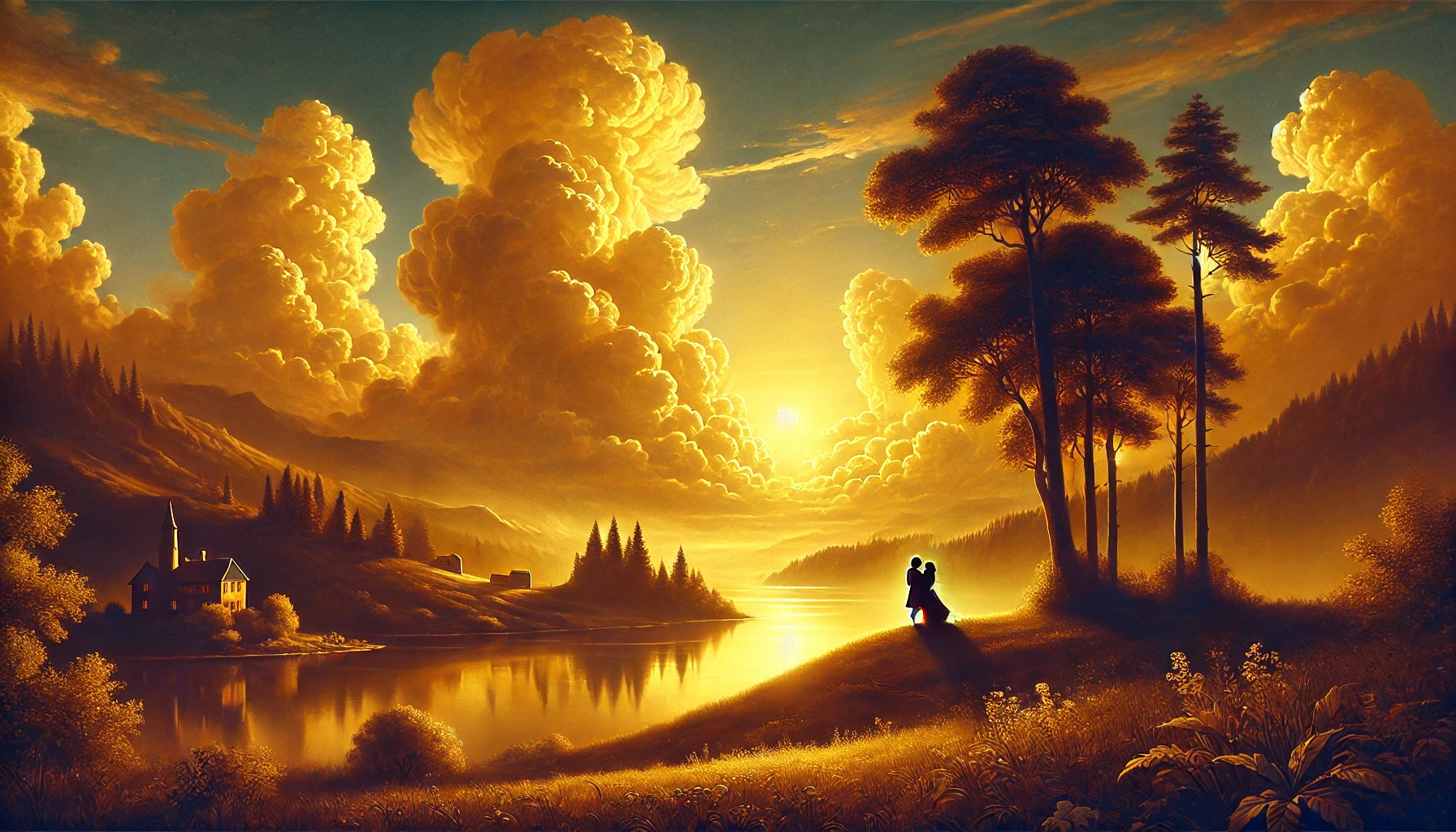 A romantic golden sunset landscape with glowing clouds, tall trees, a calm lake, and a couple standing together on a hill, holding each other as warm light fills the scene, Proven Flirty Lines That Get Instant Smiles