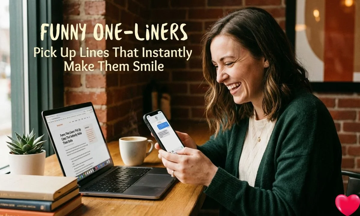 A woman sitting by a window with a laptop and coffee, smiling at her phone as she reads something funny. The warm setting adds to the charm of the moment. Funny One-Liners Pick Up Lines That Instantly Make Them Smile