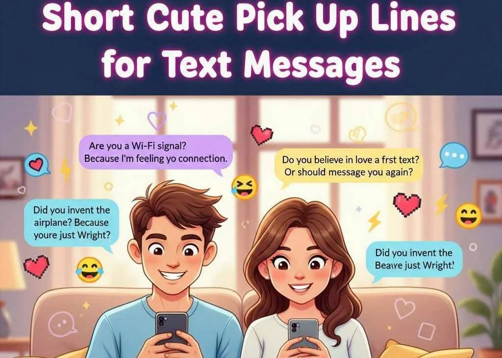 A phone screen displaying various examples of Short Cute Pick Up Lines suitable for Text Messages and flirting.