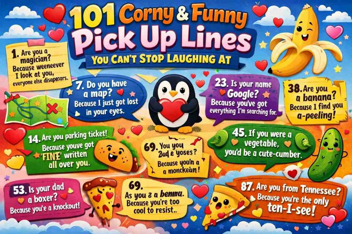 101 Corny & Funny Pick Up Lines You Can’t Stop Laughing At illustrated with colorful cheesy pickup lines, cute cartoon icons, hearts, and fun humor elements.