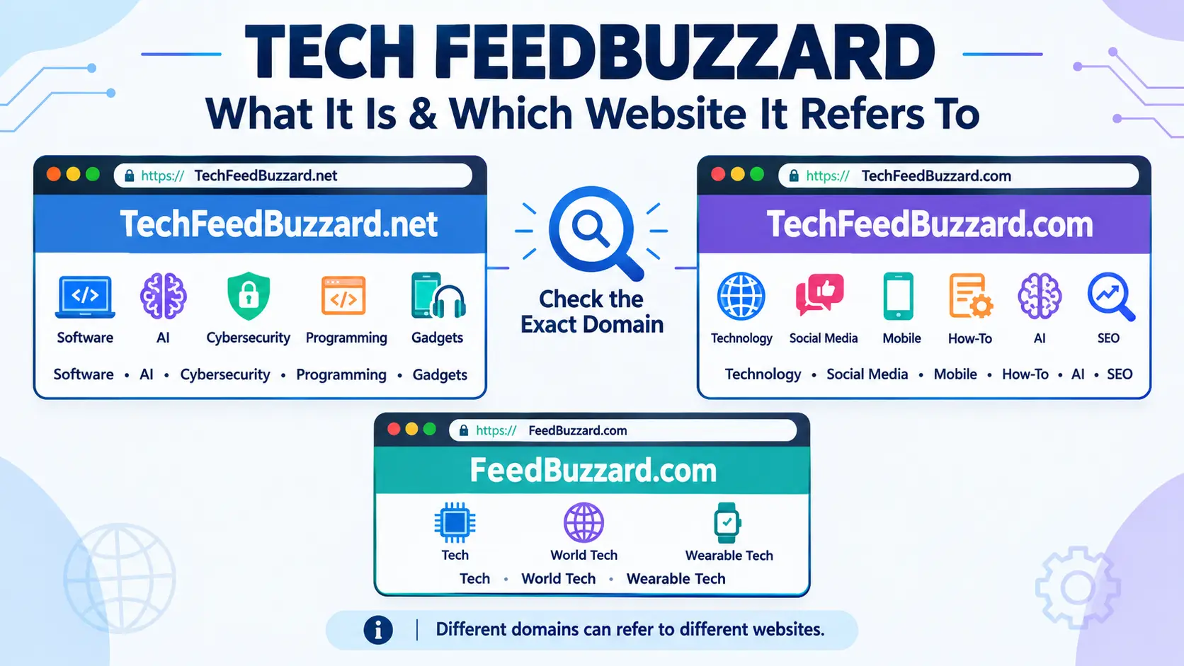 Tech FeedBuzzard website overview showing different domains and technology topics