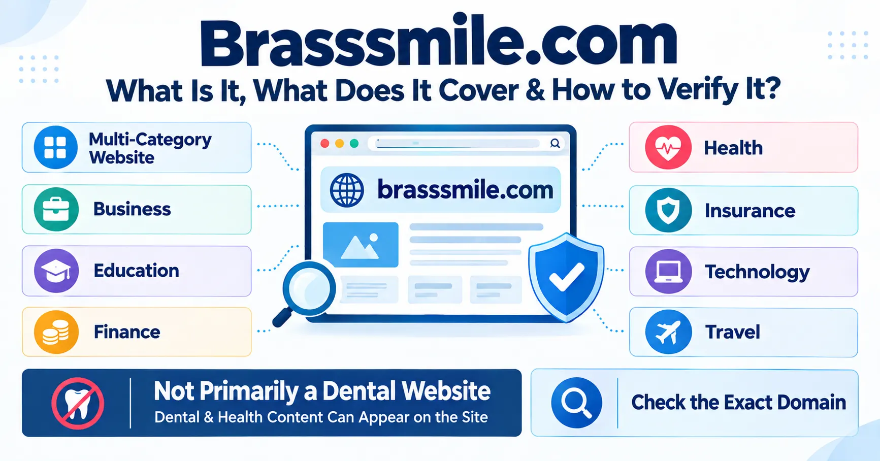 Brasssmile.com website guide showing its categories and domain verification