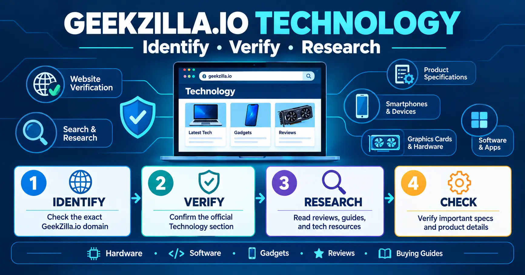 Geekzilla.io Technology overview showing hardware, software, buying guides, and how-to content
