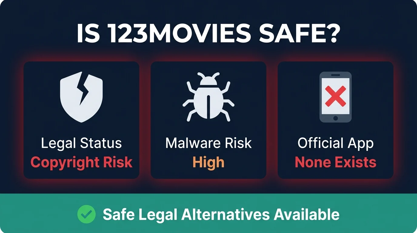 Infographic showing 123Movies legal status, malware risk, and lack of an official app