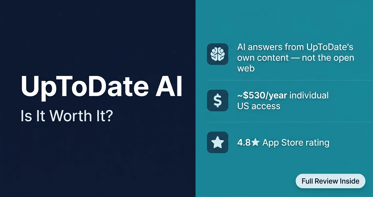 UpToDate AI review infographic showing key facts — pricing, source of answers, and app rating